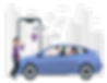 A woman is walking towards the blue car to join the carpool with two riders already sitting inside.